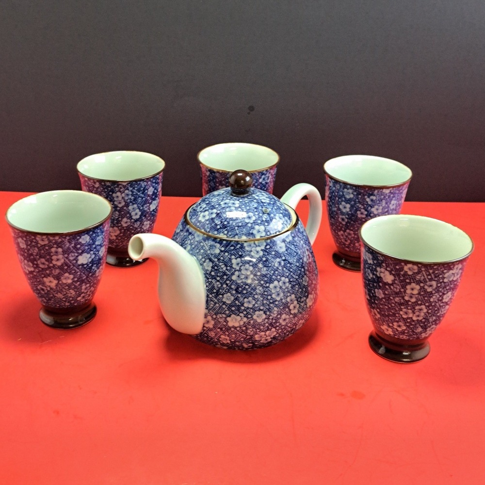Vintage‎ Tachikichi Japanese Tea Set 6 Pc Blue Calico Floral Teapot Cups EX